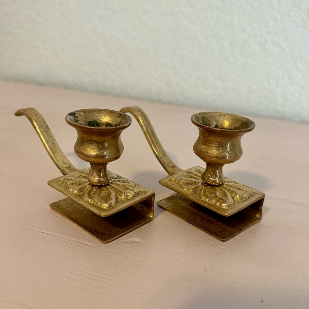 Pair Vintage Brass Candle Stick Holders & Matchbox Inserts Ornate Handmade